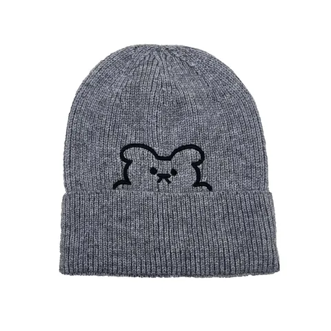 Bonnet en Tricot Chaud d'Hiver pour Femmes Hommes Broderie Ours Dessin Animé Mignon Nervuré Couleur Unie Skull Cap Accessoire d'Automne