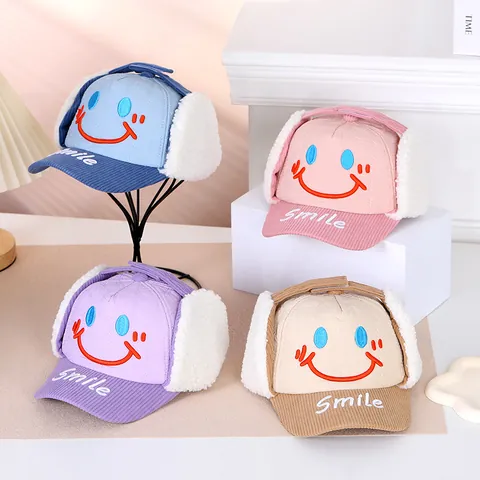 Children Winter Trapper Hat Cute Cartoon Smile Face Warm Ear Protection Cap Windproof Corduroy Sherpa Lined Outdoor Kids Hat