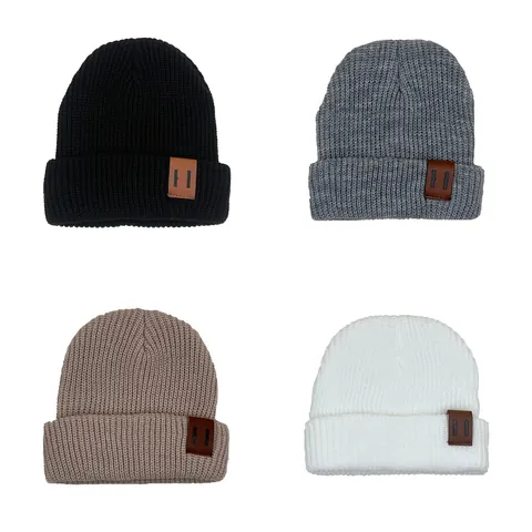 Kids Knit Beanie Hat For Boys Girls Autumn Winter Warm Solid Color Ribbed Pullover Cap With Leather Label 1-3 Years
