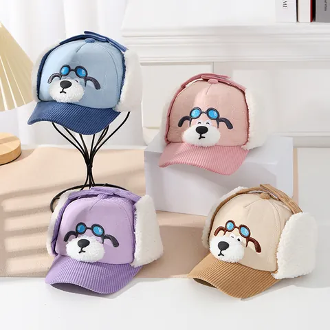 Kinder Winter Uschanka Kunstfell Gefüttert Ohrenklappen Bomber Mütze Mit Cartoon Hund Fliegerbrille Warm Winddicht Outdoor Kappen