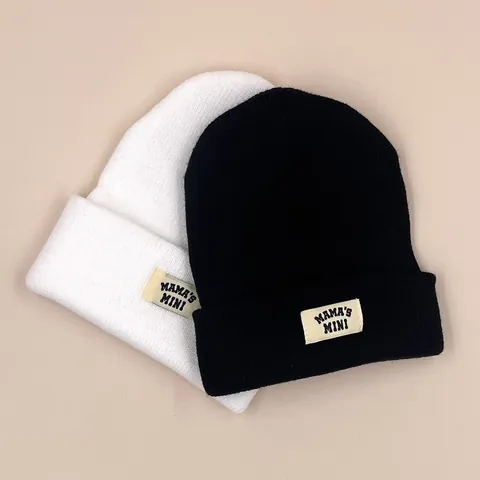 Kids Winter Warm Knitted Beanie Hat With Letter Patch Patchwork MAMA'S MINI Toddler Boys Girls Pullover Hat Fold-Over Cuff Skull Cap