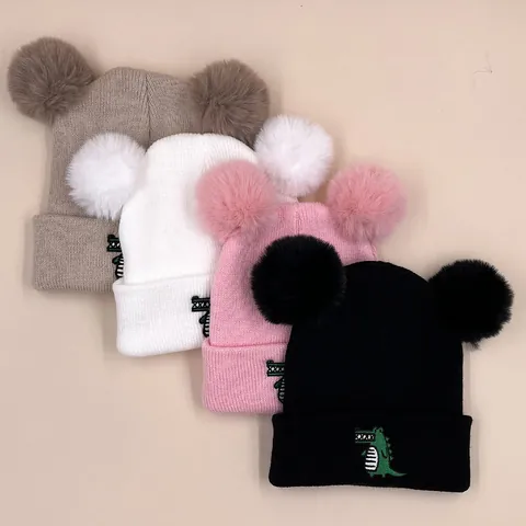 Kids Baby Winter Warm Knitted Beanie Hat With Double Pom Poms Crocodile Embroidery Cuffed Toddler Crochet Cap