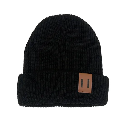 Kids Knit Beanie Hat For Boys Girls Autumn Winter Warm Solid Color Ribbed Pullover Cap With Leather Label 1-3 Years