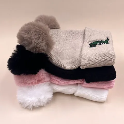 Kids Baby Winter Warm Knitted Beanie Hat With Double Pom Poms Crocodile Embroidery Cuffed Toddler Crochet Cap