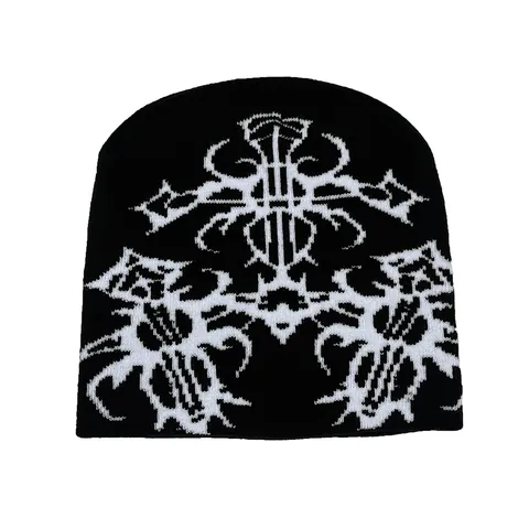 Berretto in Maglia Motivo a Croce Gotica in Acrilico Cappello Invernale Caldo Streetwear Unisex Bianco Nero per Adulti