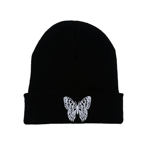 Berretto in Maglia Nero con Ricamo Farfalla Invernale Caldo in Acrilico per Uomo Donna Hip Hop Streetwear Copricapo