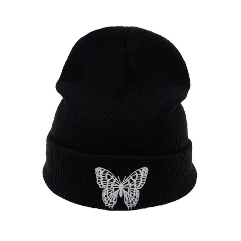 Berretto in Maglia Nero con Ricamo Farfalla Invernale Caldo in Acrilico per Uomo Donna Hip Hop Streetwear Copricapo