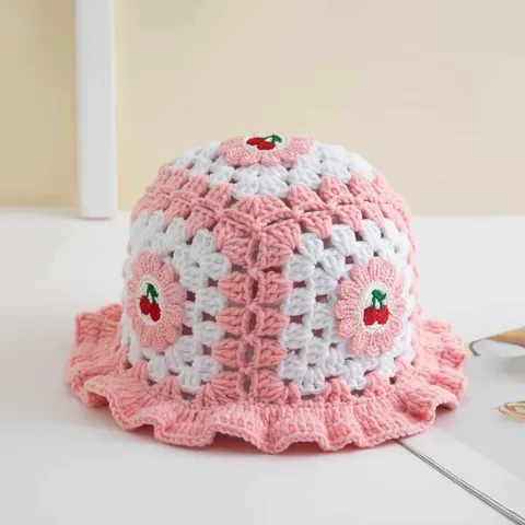 Cappello da Pescatore in Maglia a Uncinetto Fatto a Mano per Donna Bordo Ondulato Ciliegia Rana Fungo Sorriso Girasole