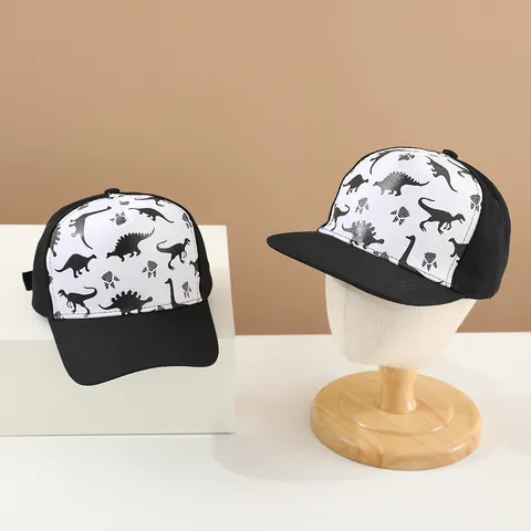 Berretto da Baseball in Cotone per Bambini Stampa Dinosauro Regolabile Snapback Tesa Curva Cappello da Sole per Ragazzi Ragazze Nero Bianco