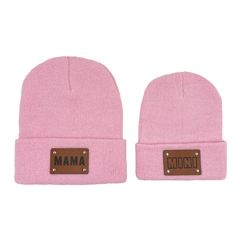 Parent-Child Knit Beanie Set MAMA MINI Leather Patch Ribbed Skull Cap For Adult Kids Family Matching Winter Warm Hat