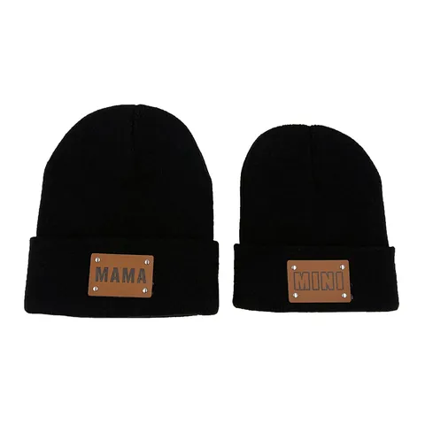 Parent-Child Knit Beanie Set MAMA MINI Leather Patch Ribbed Skull Cap For Adult Kids Family Matching Winter Warm Hat