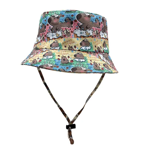 Cute Capybara Print Bucket Hat With Adjustable Windproof Rope For Women Men Polyester Casual Outdoor Sun Protection Hat