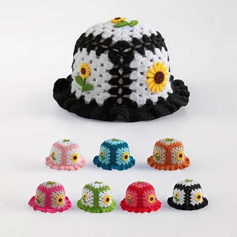 Handmade Crochet Sunflower Bucket Hat Vintage Granny Square Knit Sun Hat With Ruffle Edge For Women Girls Winter Warm Cap
