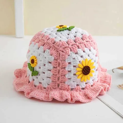 Handmade Crochet Sunflower Bucket Hat Vintage Granny Square Knit Sun Hat With Ruffle Edge For Women Girls Winter Warm Cap