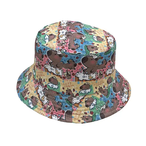 Cute Capybara Print Bucket Hat With Adjustable Windproof Rope For Women Men Polyester Casual Outdoor Sun Protection Hat