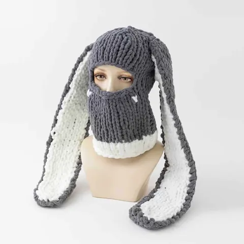 Handgebreide Duivelshoorns Konijnenoren Balaclava Gezichtsmasker Winter Dikke Warme Acryl Gehaakte Muts Voor Dames Heren Grappige Feestmuts
