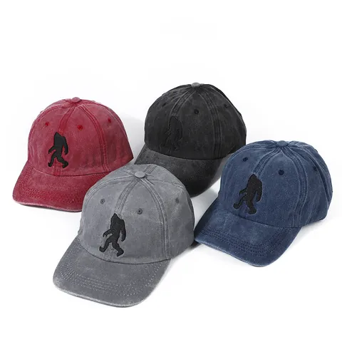 Berretto da Baseball in Cotone Lavato Effetto Consumato Con Ricamo Bigfoot Sasquatch Regolabile Vintage Parasole Outdoor Unisex