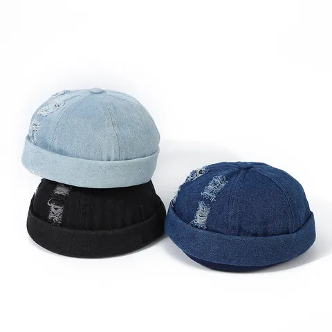 Cappello Docker in Denim Invecchiato da Uomo Senza Tesa Hip Hop Streetwear Cotone Lavato Strappato Miki Hat Berretto Retro Marinaio Regolabile