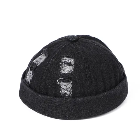Cappello Docker in Denim Invecchiato da Uomo Senza Tesa Hip Hop Streetwear Cotone Lavato Strappato Miki Hat Berretto Retro Marinaio Regolabile