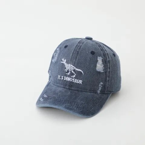 Kids Washed Cotton Baseball Cap Dinosaur Skeleton Embroidery Distressed Ripped Adjustable Sun Hat For Boys Girls Toddler