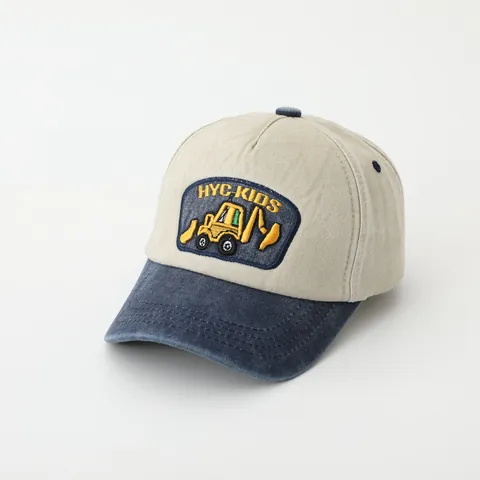 Kids Cotton Patchwork Baseball Cap With Excavator Embroidery Breathable Sunshade Engineering Vehicle Hat For Toddler Boys Girls