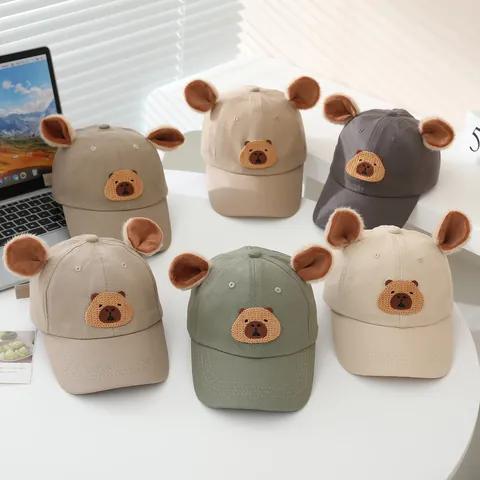 Kids Cartoon Capybara Baseball Cap With Plush Ears Sunshade Breathable Cotton Hat For Boys Girls Toddlers Casual Outdoor Accessories