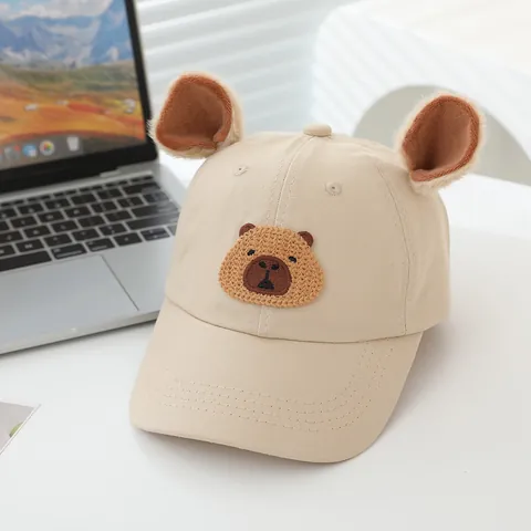 Kids Cartoon Capybara Baseball Cap With Plush Ears Sunshade Breathable Cotton Hat For Boys Girls Toddlers Casual Outdoor Accessories