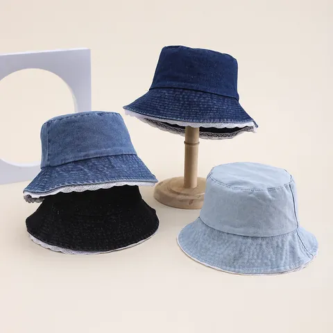 Chapeau Bob en Denim Vintage Pour Femmes Avec Bordure en Dentelle Style Coréen Protection Solaire en Coton Pour Voyage