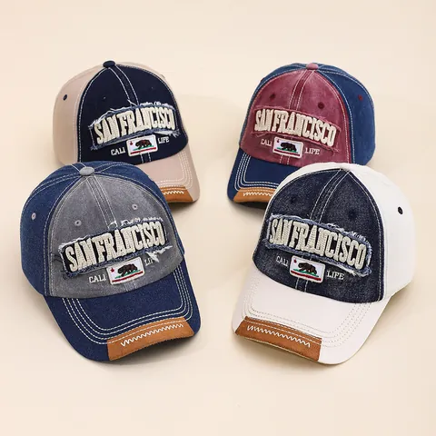 American Retro California Bear San Francisco Baseball Cap Washed Cotton Distressed Patchwork Trucker Hat Adjustable Outdoor