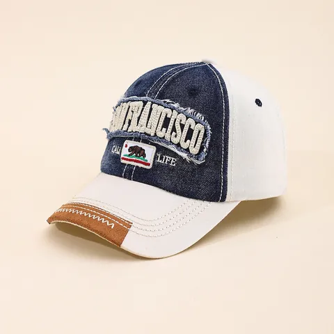 American Retro California Bear San Francisco Baseball Cap Washed Cotton Distressed Patchwork Trucker Hat Adjustable Outdoor