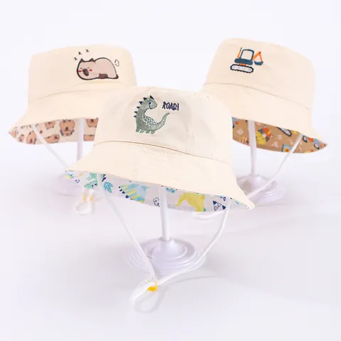 Cappello a Secchiello in Cotone per Bambini Dinosauro Escavatore Capibara Ricamo Cartone Animato Protezione Solare Con Cordino Antivento Regolabile