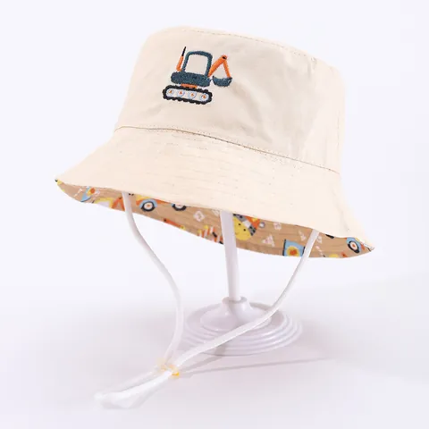 Cappello a Secchiello in Cotone per Bambini Dinosauro Escavatore Capibara Ricamo Cartone Animato Protezione Solare Con Cordino Antivento Regolabile