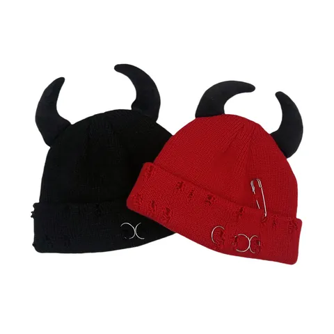 Punk Devil Horn Knitted Beanie Hat Distressed Ripped Design With Metal Rings And Safety Pin Goth Subculture Warm Winter Cap