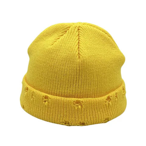 Berretto in Maglia Distressed Vintage per Uomo Donna Inverno Caldo Tinta Unita Ribbed Skull Cap Decorazione Buchi Accessori Streetwear