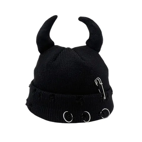 Punk Devil Horn Knitted Beanie Hat Distressed Ripped Design With Metal Rings And Safety Pin Goth Subculture Warm Winter Cap