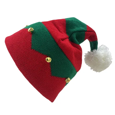 Gorro de Punto de Elfo de Navidad Festivo Con Pompones y Campanas Gorro de Punto Cálido a Rayas para Fiesta de Navidad