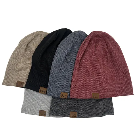 Unisex Cotton Slouchy Beanie Hat Soft Warm Winter Knit Cap Hip Hop Street Style Solid Color Hat With Leather Patch