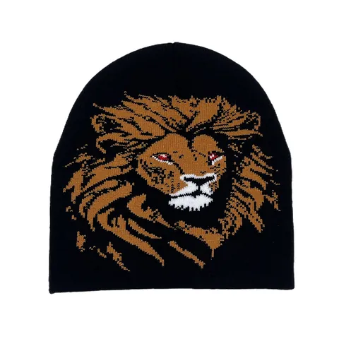 Berretto in Maglia Unisex con Motivo a Leone in Acrilico Caldo Cappello Invernale Streetwear Jacquard Testa di Leone