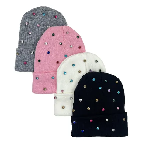 Gorro de Punto para Mujer Moda Callejera Decorado con Strass Color Sólido Acrílico Cálido Sombrero de Invierno Accesorio