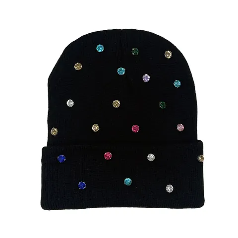 Gorro de Punto para Mujer Moda Callejera Decorado con Strass Color Sólido Acrílico Cálido Sombrero de Invierno Accesorio