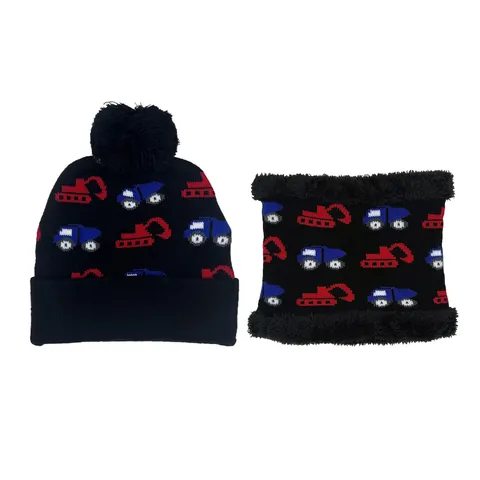 Kids Knit Hat And Neck Warmer Boys Cartoon Excavator Pom Pom Beanie Winter Warm Acrylic Fleece Lined Cap
