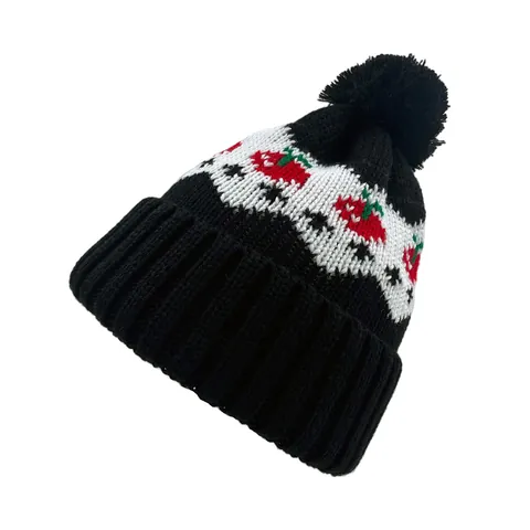 Berretto in Maglia con Motivo Mela Carino con Pom-Pom Invernale Caldo Protezione Orecchie Fair Isle per Donna Natale