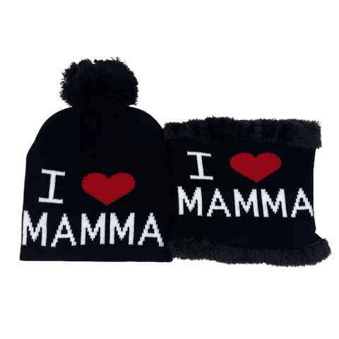 Kinder Winter Strickmütze Und Halswärmer Schal Set Herz Jacquard Beanie Fleece Gefüttert Für Jungen Mädchen Mamma Papa Thema