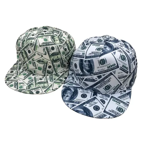 Dollar Bill Print Snapback Hat Hip Hop Flat Brim Baseball Cap For Men Women Adjustable Streetwear Fashion Money Print Headwear