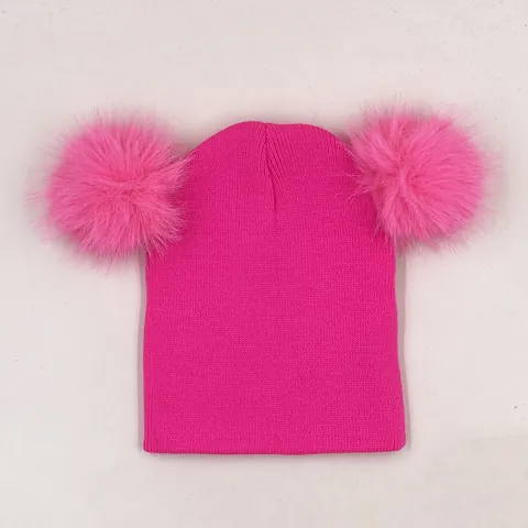 Kids Girls Winter Knit Beanie Hat With Double Faux Fur Pom Poms Warm Windproof Solid Color Cute Acrylic Beanie For Girls