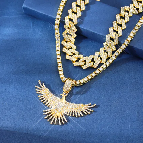 Hip Hop Iced Out Eagle Pendant With Cuban Link Chain And Tennis Chain Alloy Zirconia Streetwear Jewelry For Men Boys