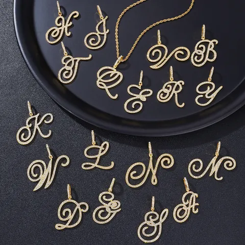 Collier Pendentif Lettre Initiale Iced Out Hip Hop Or Argent Alliage Zirconia Alphabet Charme Chaîne Corde Homme Femme