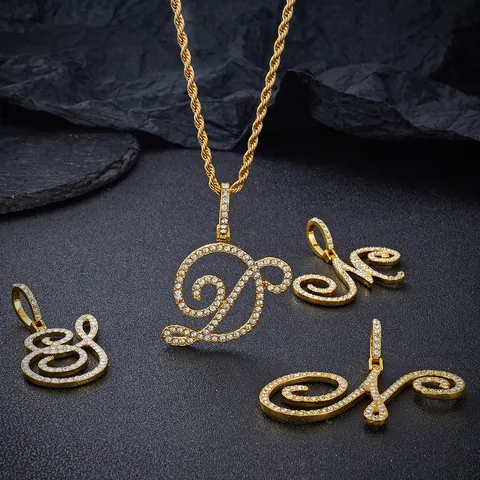 Collier Pendentif Lettre Initiale Iced Out Hip Hop Or Argent Alliage Zirconia Alphabet Charme Chaîne Corde Homme Femme