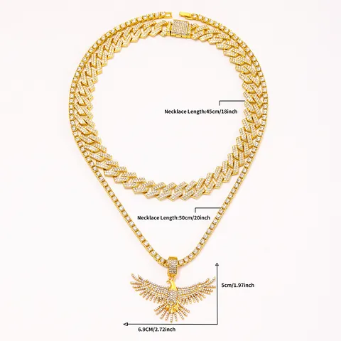 Hip Hop Iced Out Eagle Pendant With Cuban Link Chain And Tennis Chain Alloy Zirconia Streetwear Jewelry For Men Boys