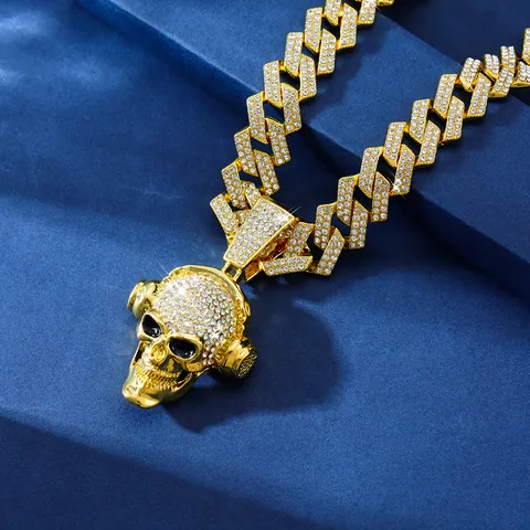 Collar Hip Hop Colgante Calavera Con Auriculares Y Cadena De Eslabones Cubanos Diamantes De Imitación Joyería Iced Out Hombre Mujer Halloween